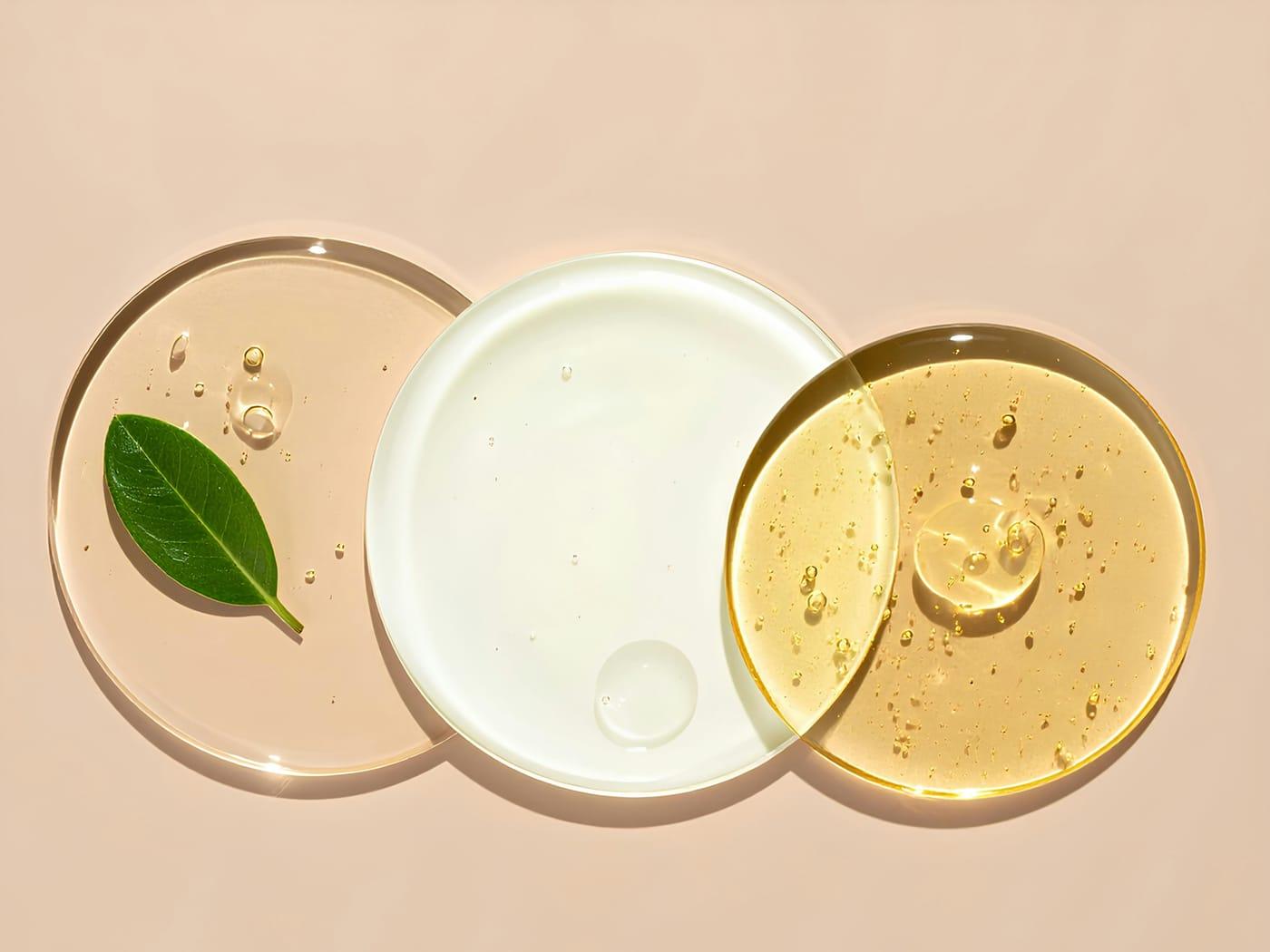 Three glass dishes of serum and gel textures with a green leaf on a warm peach background